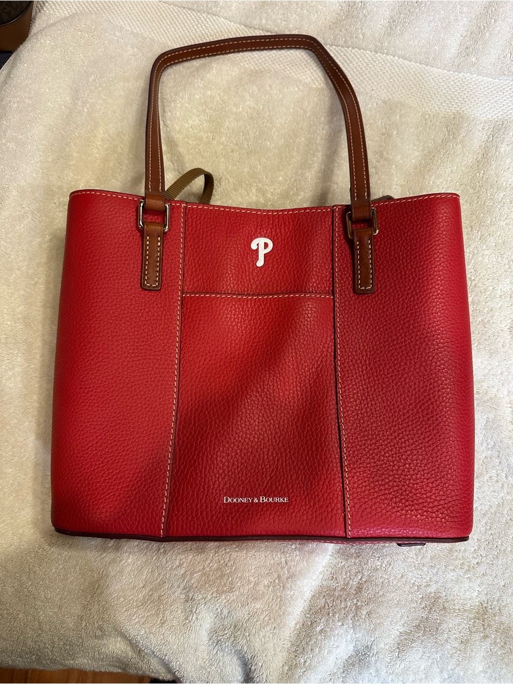 Dooney & Bourke Red Pebbled Leather Tote with Brown Handles